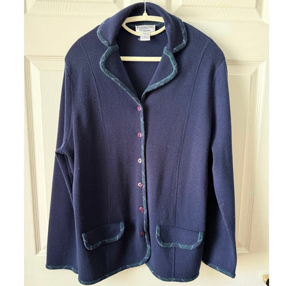 Pendleton Navy Wool Jacket Plaid Trim Button Front Plus‎ 1X